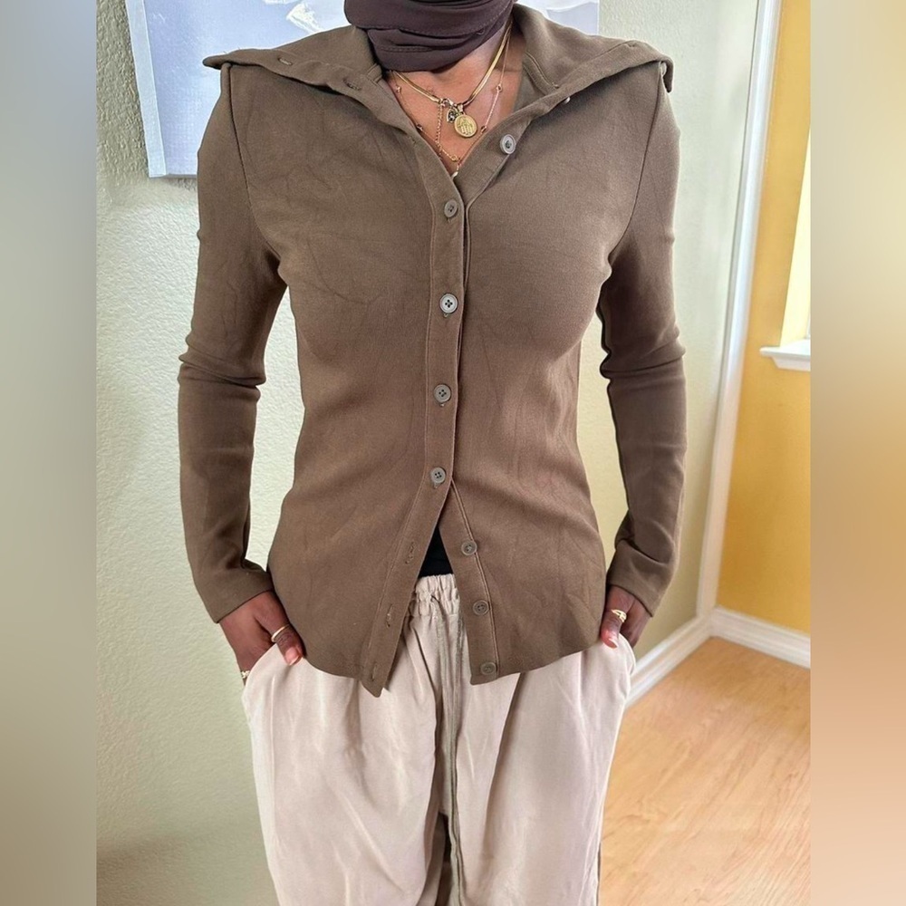 Oak + fort brown button up cardigan day 2 nite stretch long sleeve sweater XS